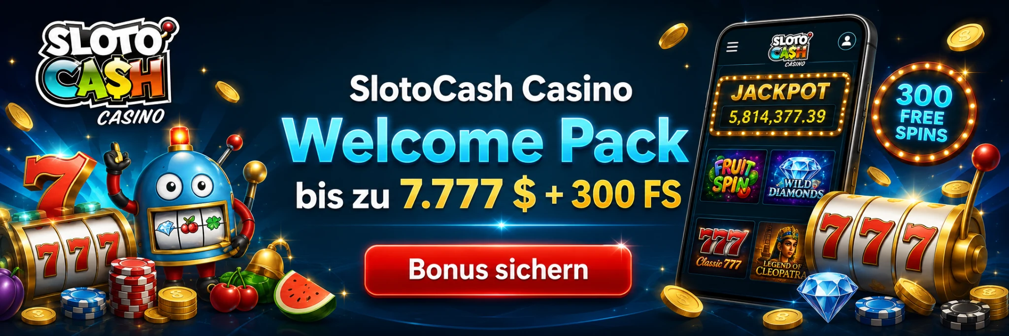 SlotoCash Casino Welcome Pack bis 7.777 $ und 300 Freispiele